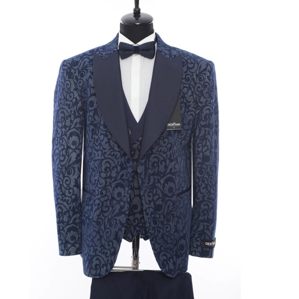 Derman Navy Floral Patterned Glittery Tuxedo